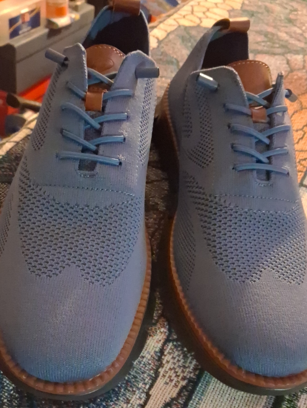 Men's Knit Derby Oxfords in Light Blue with Brown Trim